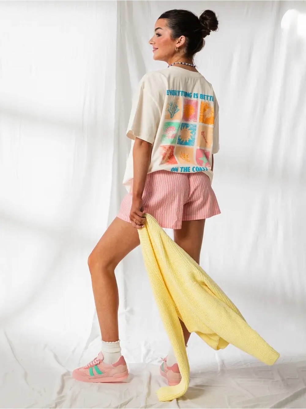 33 Coastal Ivory Colorful Better On The Coast Oversized Cotton Pocket Tee Medium - Picture 1 of 9